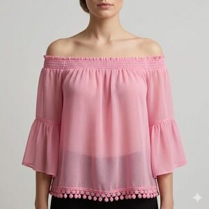 Sacred Threads Pink Off Shoulder Pom Pom Bell Sleeve Blouse Top OS 222114 NWT